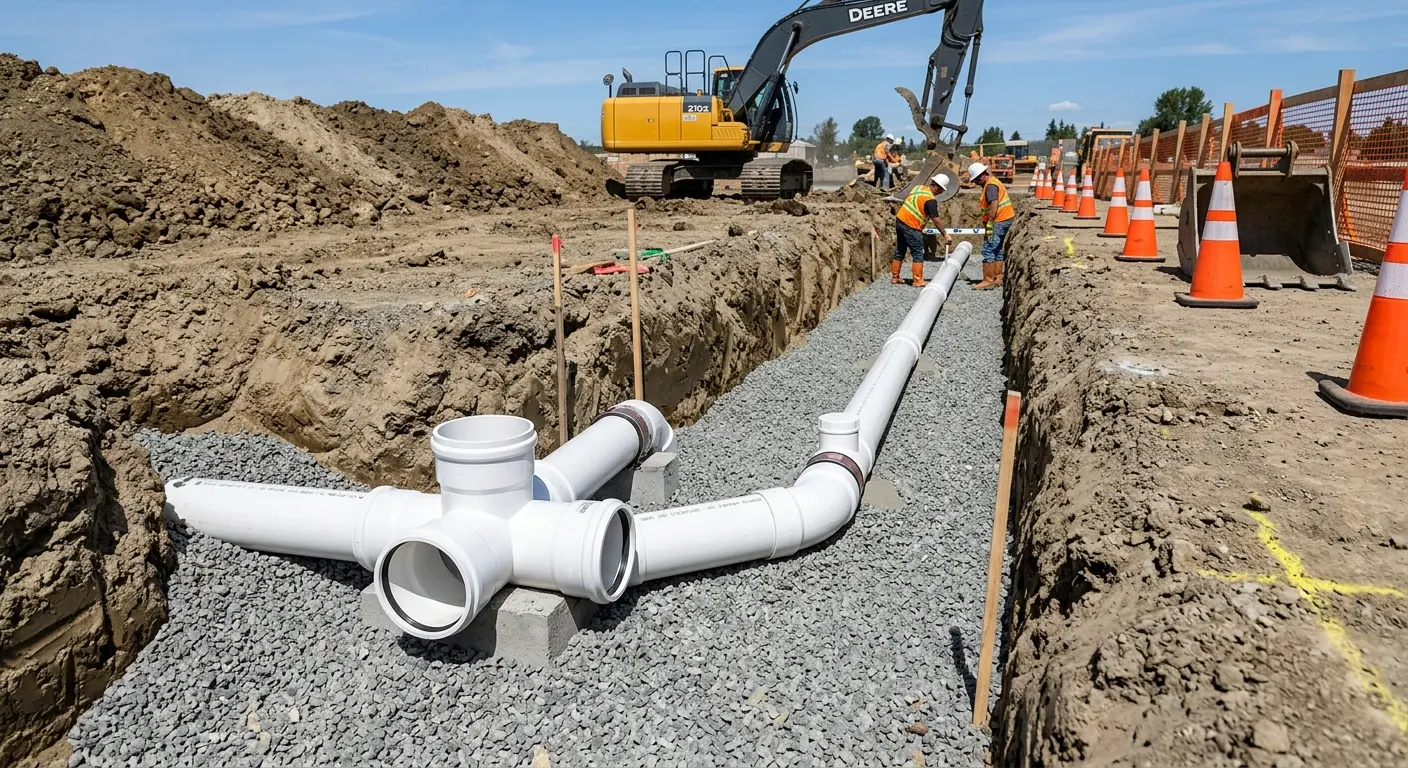 New PVC sewer pipe installation in open trench for Grease Trap Cleaning in Piedmont