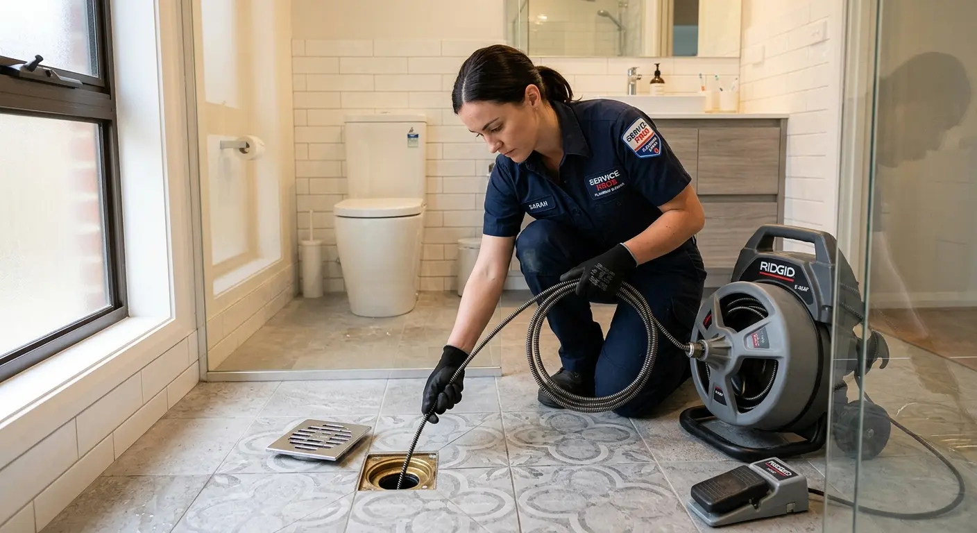 Technician clearing a bathroom floor drain for Sewer Line Replacement in Piedmont